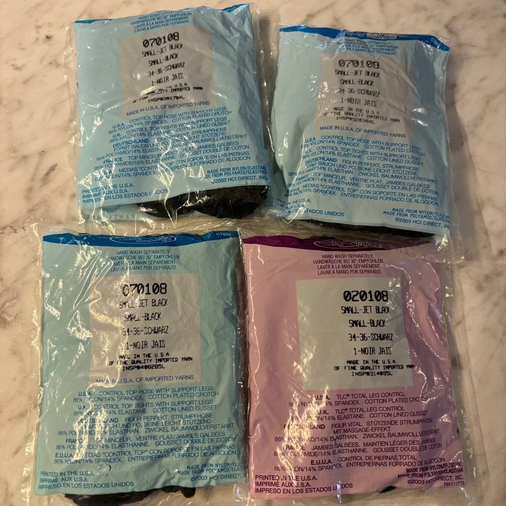 New Vintage Silkies Pantyhose Lot 4 Pairs Small Jet Black Control Top Sheer Hose